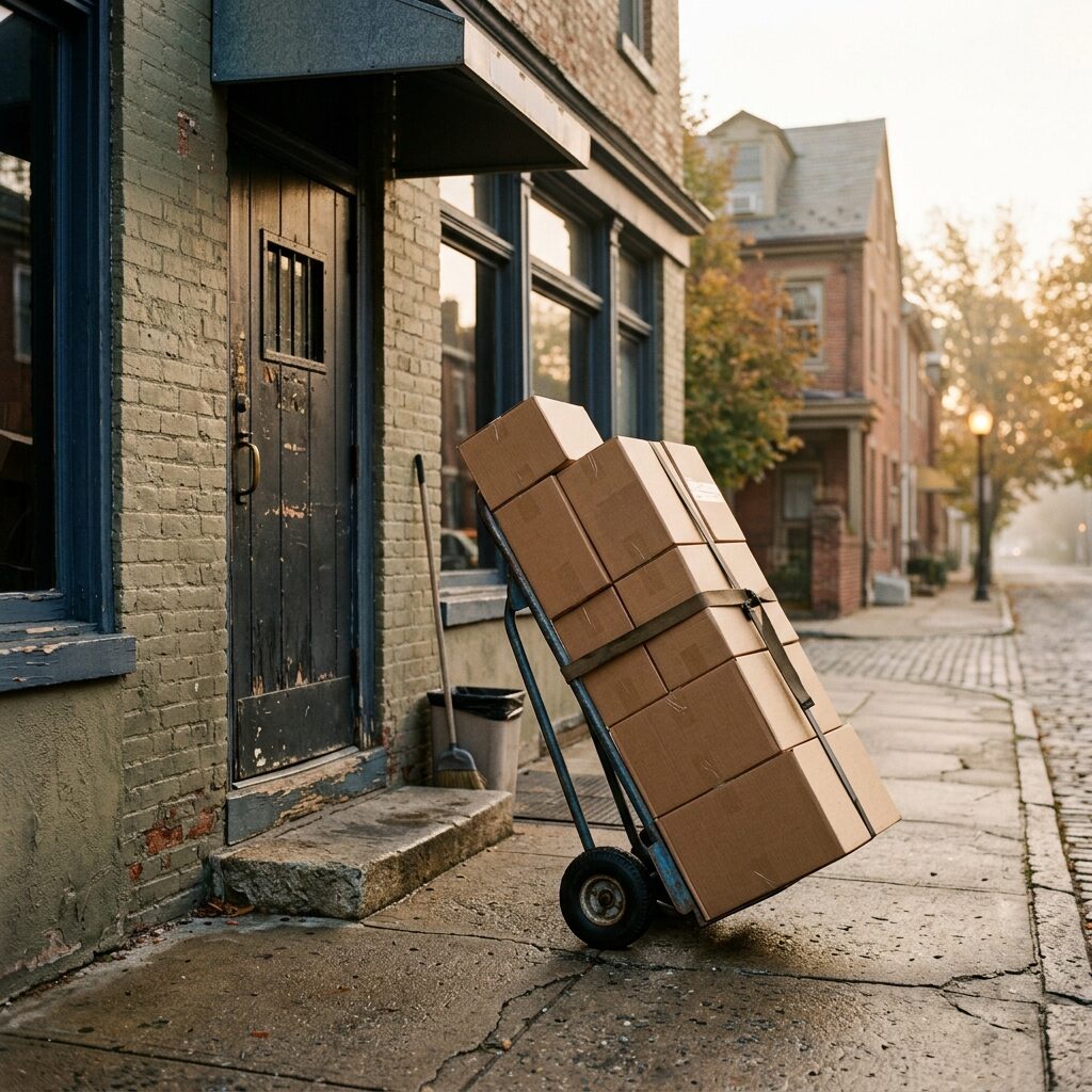 Sealed cases on a hand truck at a New Jersey storefront service entrance