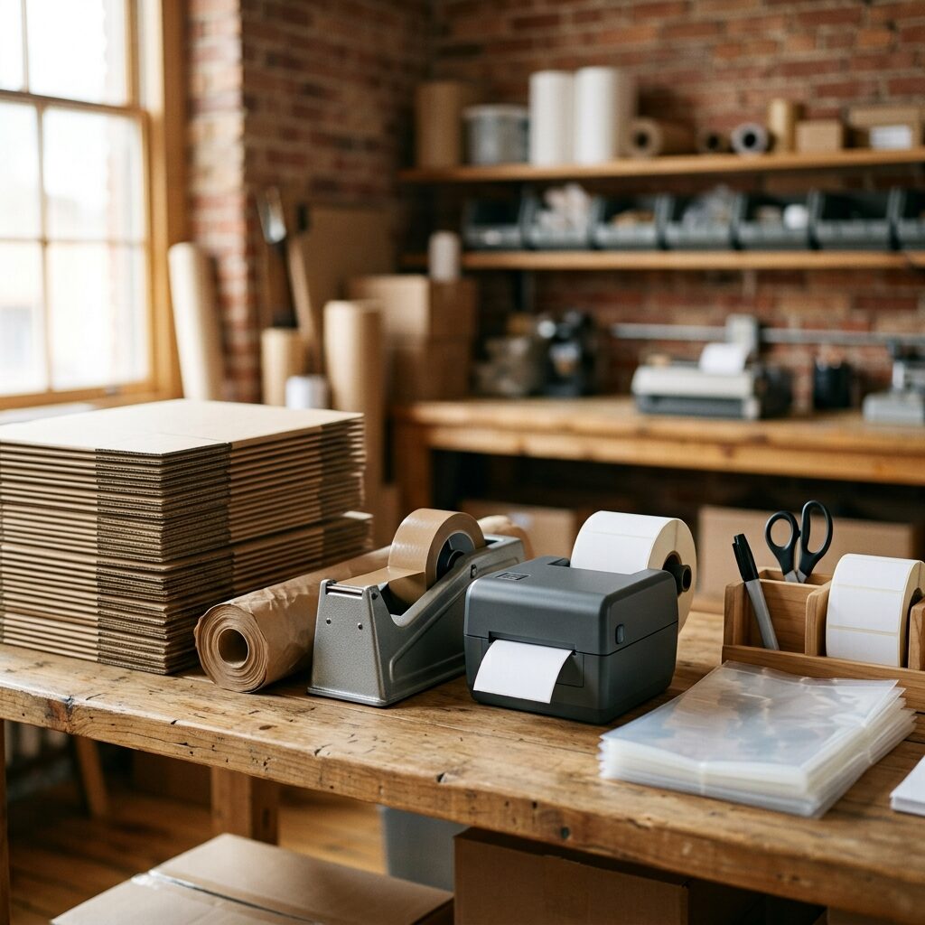 The Hazel & Clove packing bench — flat-packed boxes, label printer, and poly bags